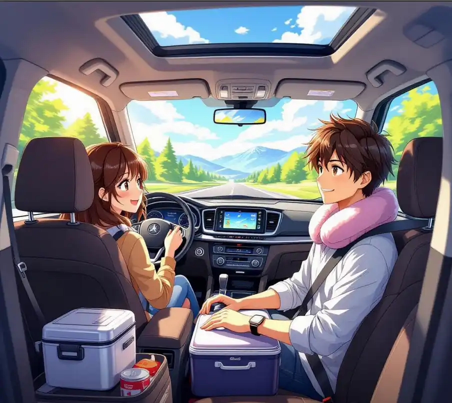 Intérieur de voiture bien équipé pour un long trajet avec coussin de voyage, glacière portable, support téléphone et organisateur de siège, passagers confortables et paysage ensoleillé. Style Manga.