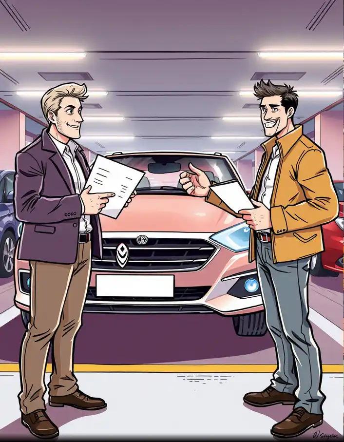 Acheteur et vendeur devant une voiture d’occasion lors d’un achat voiture entre particuliers, illustration style manga.