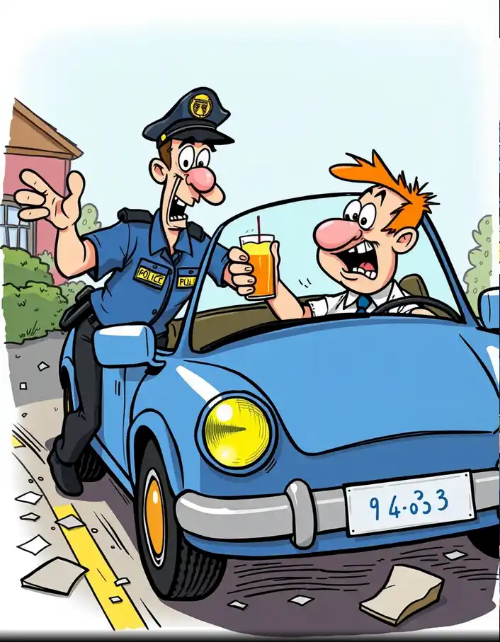 Cartoon humoristique d'un conducteur ivre arrêté par un policier pour alcool au volant, scènes comiques et expressions exagérées