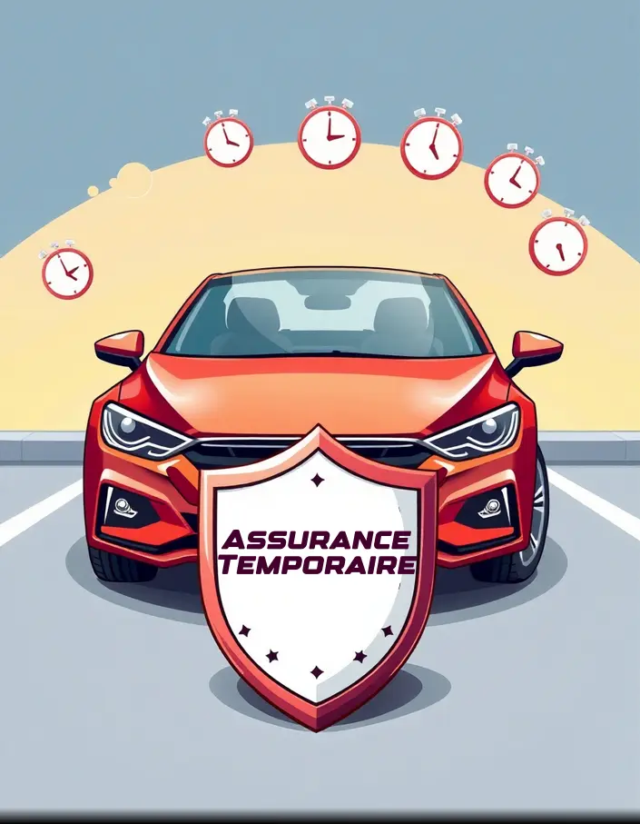 Illustration cartoon d’une voiture protégée par un grand bouclier d’assurance avec un chronomètre symbolisant l’assurance temporaire.
