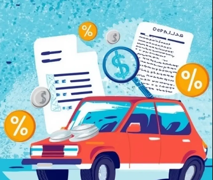Voiture et calculatrice avec pourcentages flottants autour, style infographique, représentant des astuces pour payer moins cher son assurance auto d'occasion.