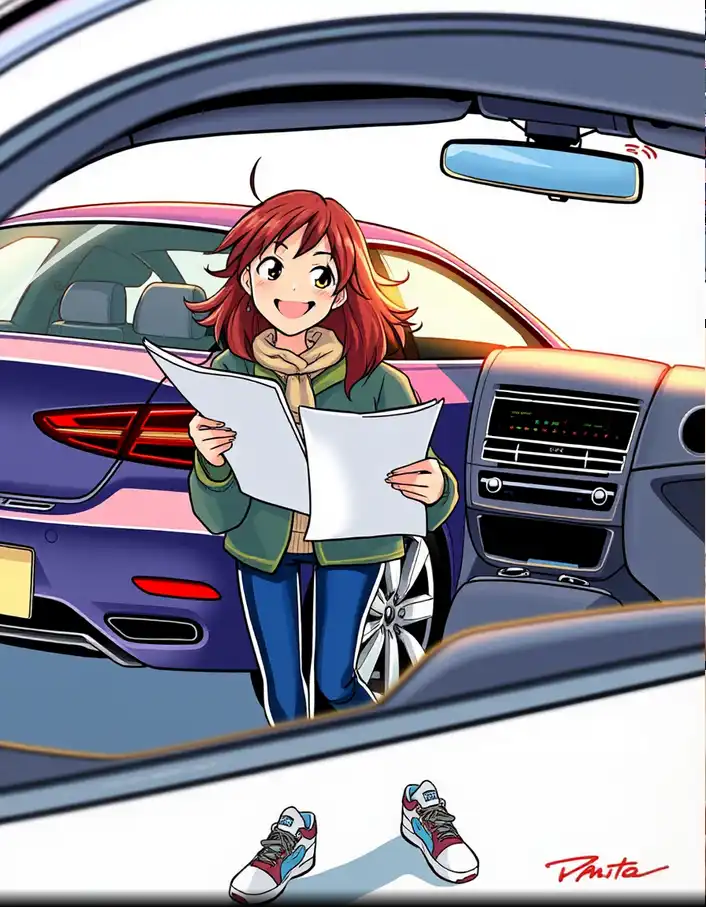 Manga coloré d'une personne souriante achetant une voiture d'occasion et préparant les documents pour l'assurance auto, avec la voiture en arrière-plan et des papiers à la main.