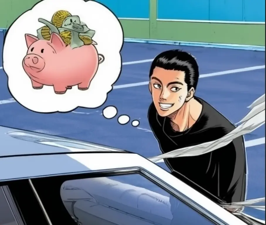 Illustration style manga montrant un conducteur qui réfléchit à ses économies tout en souscrivant une assurance auto au tiers
