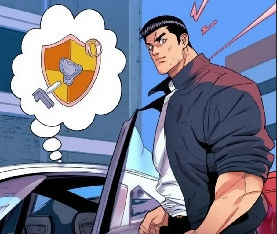 Scène style manga éducative d'un personnage avec sa voiture, symbole de bouclier pour l'assurance auto tous risques