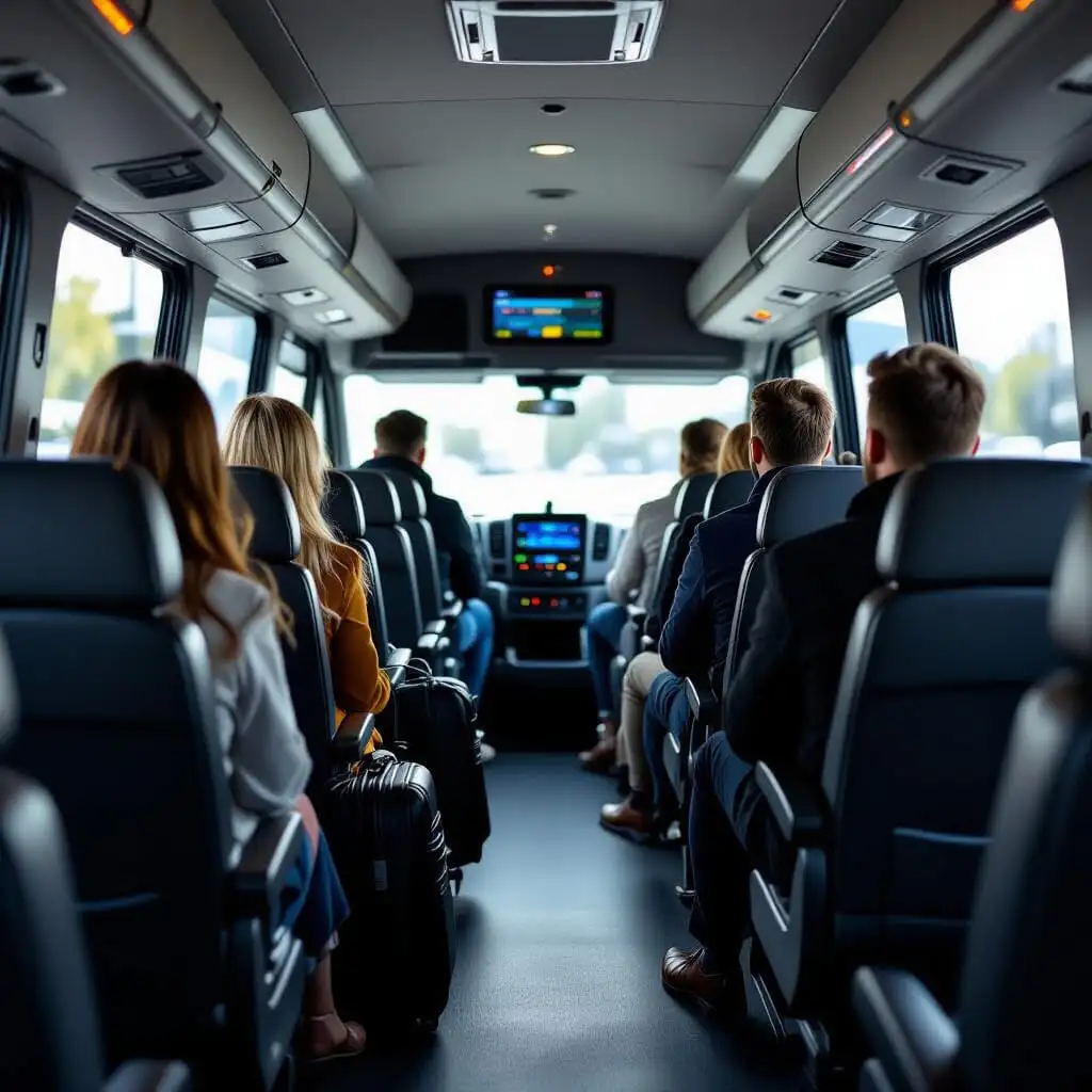 Intérieur d’un minibus montrant la capacité des sièges, l’espace pour les bagages et les équipements disponibles comme la climatisation et les prises USB.