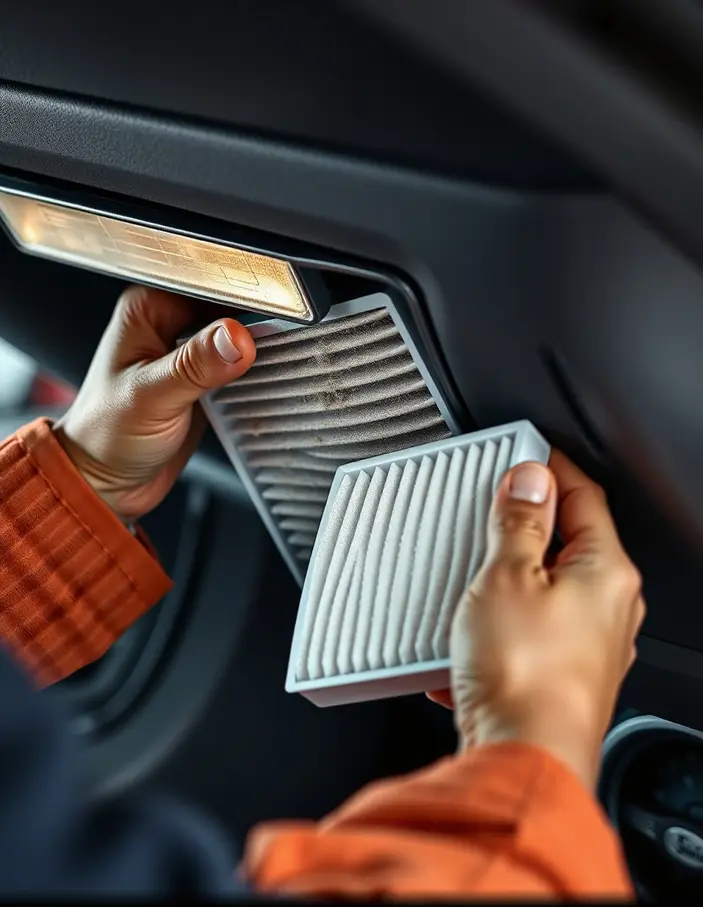 Mécanicien remplaçant le filtre habitacle d’une voiture, exemple d’entretien climatisation auto pour maintenir un air propre et sain
