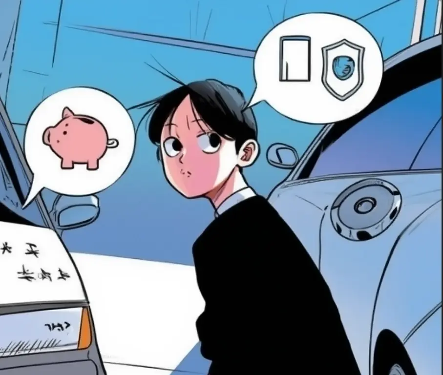 Illustration style manga montrant un conducteur réfléchissant à choisir entre assurance au tiers et assurance tous risques