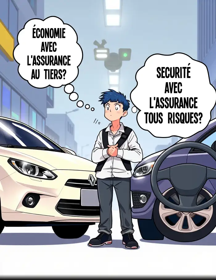 Illustration style manga montrant un conducteur réfléchissant à choisir entre assurance au tiers et assurance tous risques