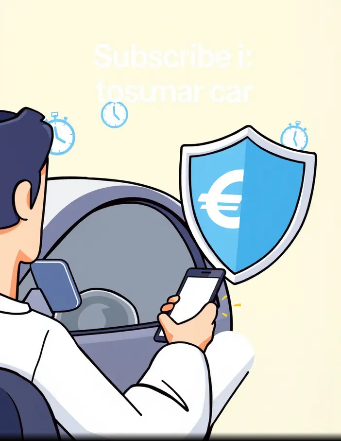llustration cartoon d’une personne utilisant un smartphone pour souscrire une assurance temporaire, avec une voiture et un bouclier d’assurance à côté.