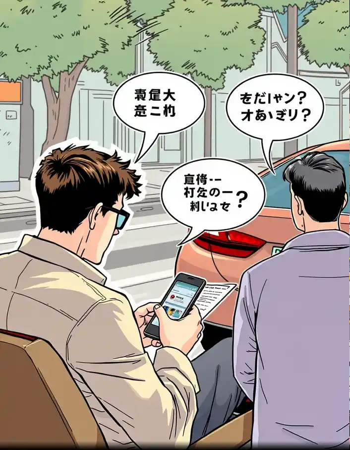 Acheteur comparant le prix et l’historique d’une voiture lors d’un achat voiture entre particuliers, style manga.