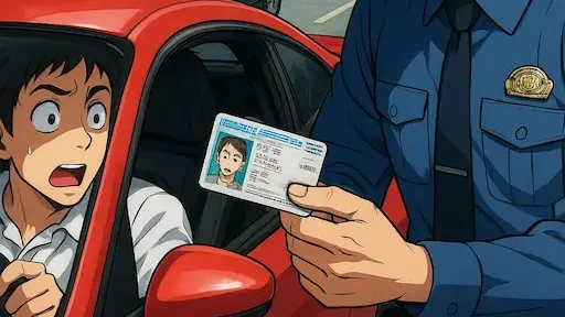 Illustration style manga montrant un conducteur surpris dans une voiture rouge recevant son permis dâun policier en uniforme bleu, avec une voiture de police et des arbres en arriĂšre-plan, scĂšne dramatique symbolisant les dĂ©marches aprĂšs la rĂ©tention du permis pour excĂšs de vitesse.