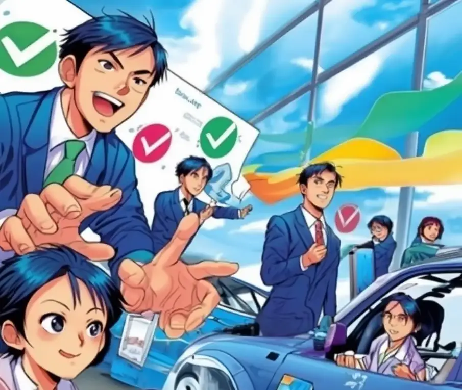 Professionnels de l’automobile gagnant du temps grâce au convoyage de véhicules en illustration manga