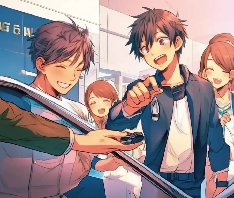 Livraison de véhicule réussie et client satisfait grâce au convoyage professionnel en illustration manga