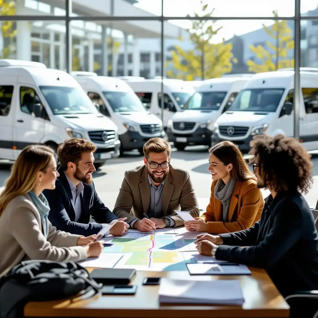 Groupe de voyageurs préparant la location d’un minibus, comparant le nombre de passagers, les bagages et l’itinéraire avant de choisir le véhicule adapté.