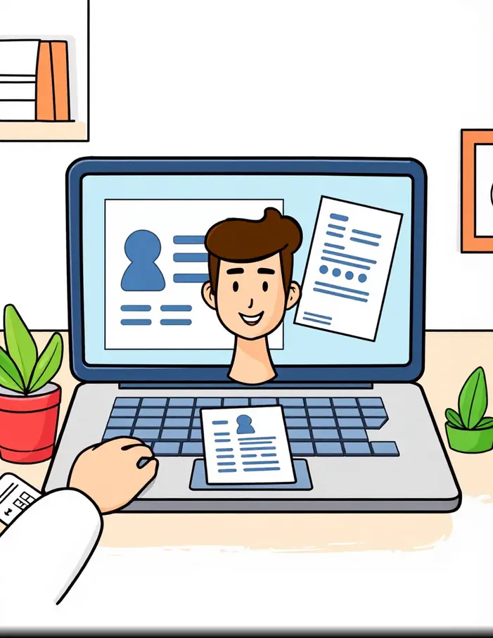 Illustration cartoon d’une demande de duplicata de carte grise en ligne, avec personnage et ordinateur affichant un formulaire simplifié