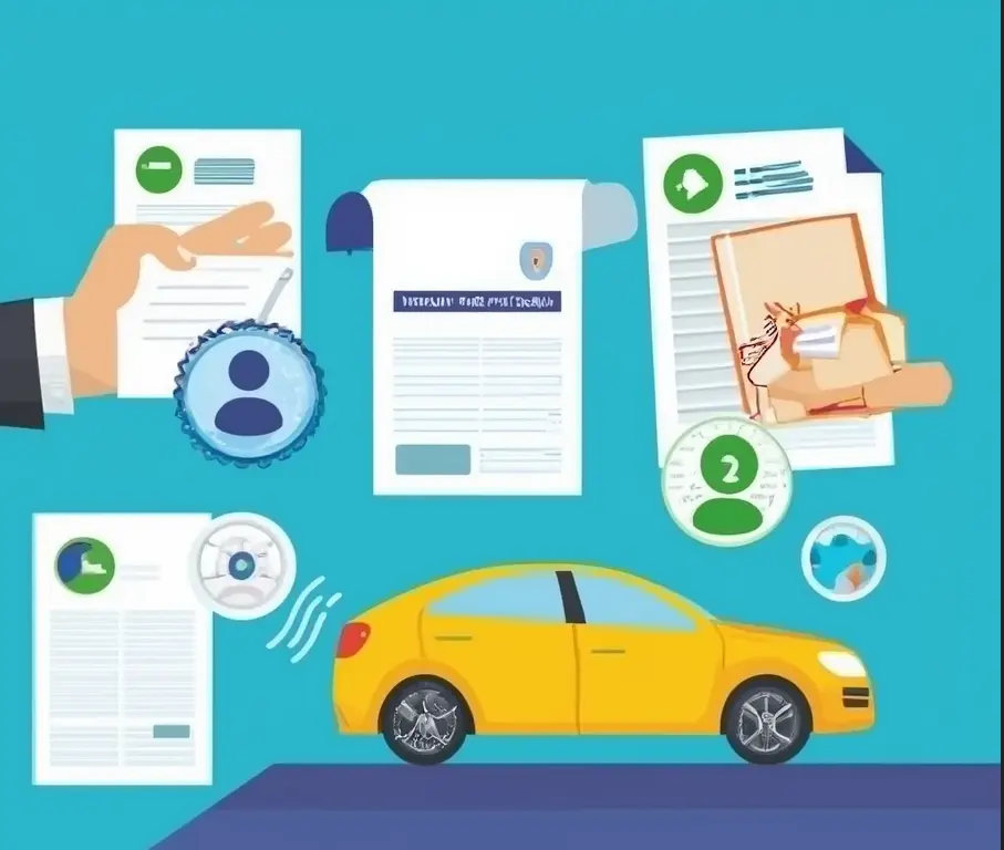 Voiture d'occasion avec documents d'assurance et icônes de démarches administratives, illustrant les étapes immédiates à suivre après l'achat d'un véhicule.