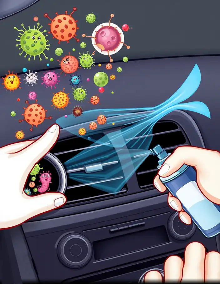 Dessin illustratif de bactéries et moisissures dans les bouches de ventilation d’une voiture, désinfection et entretien climatisation auto pour un air pur