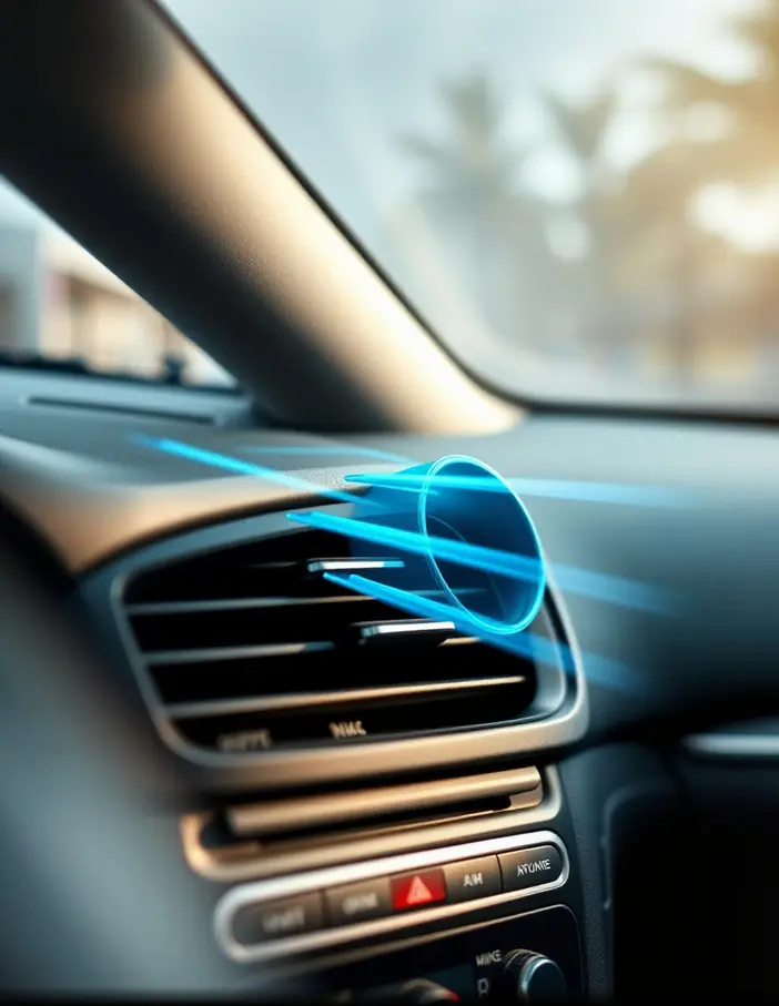 Intérieur de voiture moderne avec air conditionné en fonctionnement, illustrant l’entretien climatisation auto et le flux d’air frais
