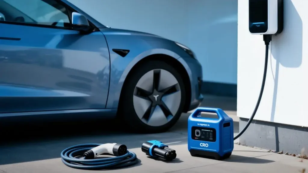 Voiture électrique en arrière-plan. Plusieurs équipements voiture électrique, câbles et chargeurs, en premier plan: