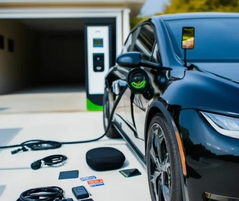 Voiture électrique avec accessoires indispensables pour la recharge, la sécurité, le confort et les voyages