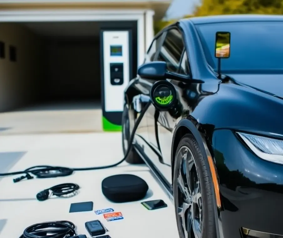 Voiture électrique avec accessoires indispensables pour la recharge, la sécurité, le confort et les voyages