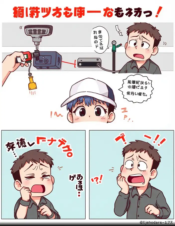 Illustration style manga montrant les erreurs courantes lors de l’installation d’un radar de recul, comme mauvais perçage, capteurs mal alignés et câbles emmêlés