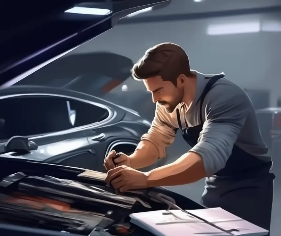 MĂ©canicien inspectant une voiture dans un garage moderne avec carnet dâentretien et outils bien organisĂ©s, illustrant la qualitĂ© et la fiabilitĂ© dâun entretien auto.