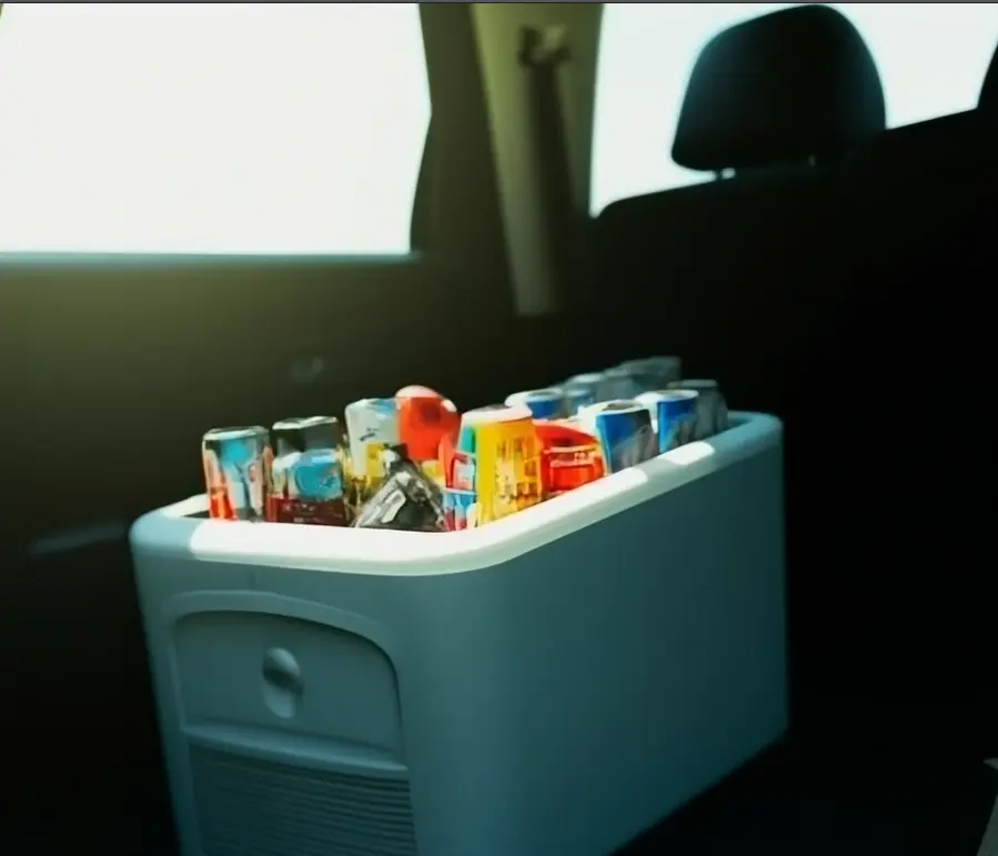 Glacière portable dans une voiture, remplie de boissons et collations fraîches