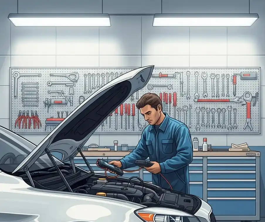 Voiture dans un garage propre avec un mĂ©canicien professionnel effectuant un entretien auto, illustrant lâimportance de bien choisir son garage.