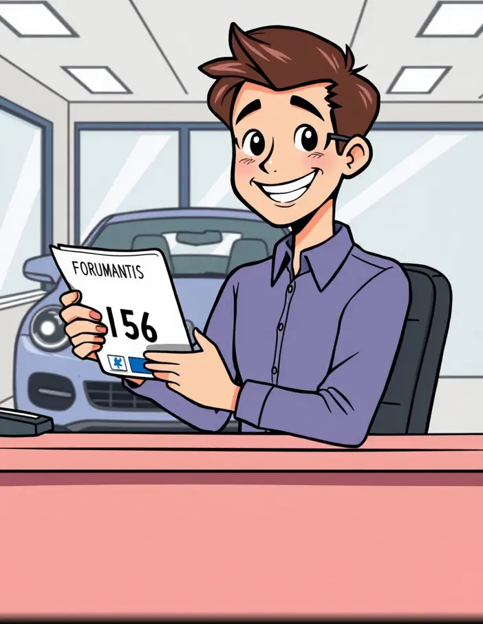 Illustration manga d’une personne souriante tenant des documents et une plaque d’immatriculation étrangère devant une voiture, symbolisant la simplicité du processus pour immatriculer un véhicule étranger.