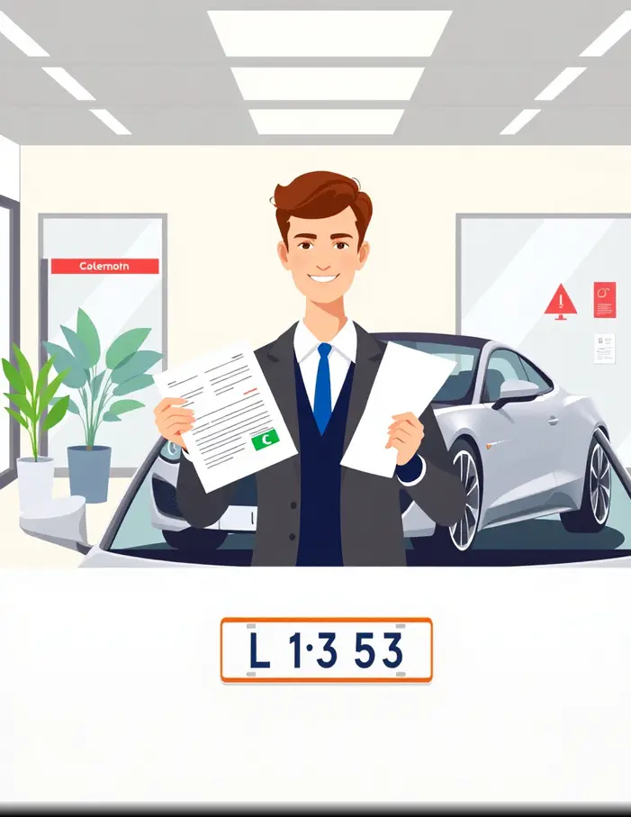 Personne tenant des documents et une plaque d’immatriculation étrangère devant une voiture, symbolisant l’immatriculation d’un véhicule étranger en France.