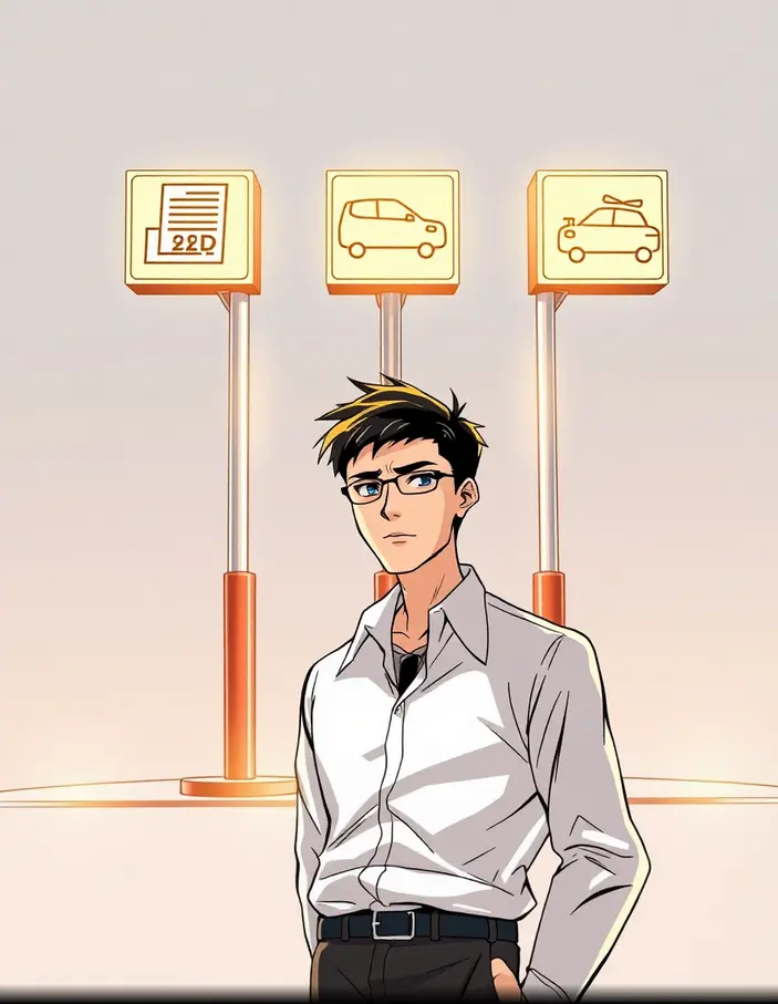 Personnage manga devant le choix de leasing LOA ou LLD