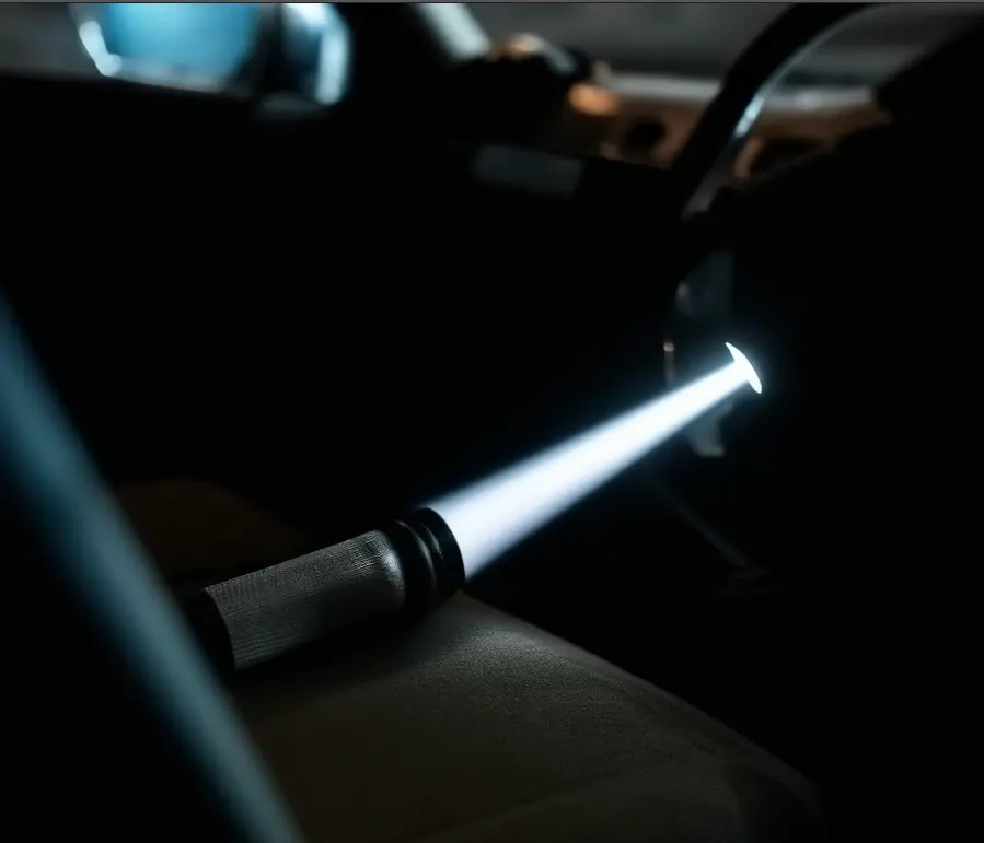 Lampe de poche rechargeable à l'intérieur d'une voiture la nuit, éclairant l'habitacle