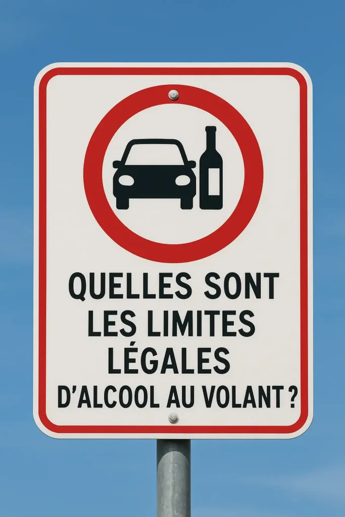 Panneau routier français indiquant les limites lĂ©gales dâalcool au volant avec un symbole voiture et bouteille dâalcool, texte : âQuelles sont les limites lĂ©gales dâalcool au volant ?