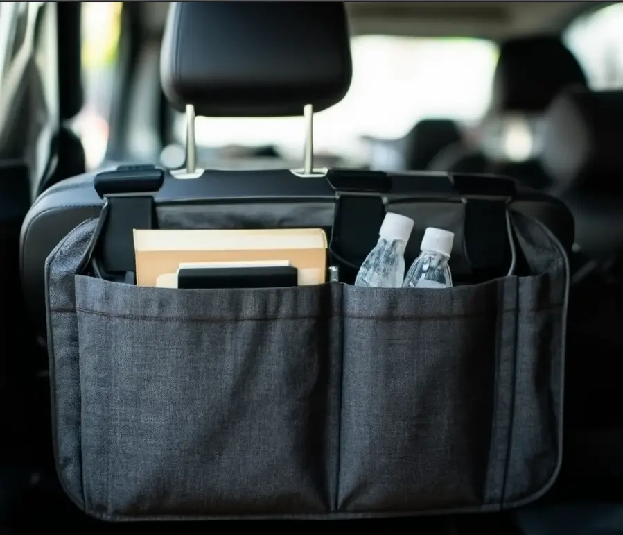 Organisateur de siège arrière avec livres, bouteilles et tablettes, intérieur de voiture bien rangé