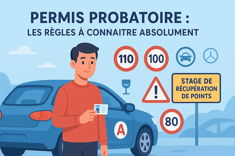 Illustration d’un jeune conducteur tenant son permis devant une voiture affichant l’autocollant “A”, entouré de panneaux de limitations de vitesse et d’icônes rappelant les règles du permis probatoire.