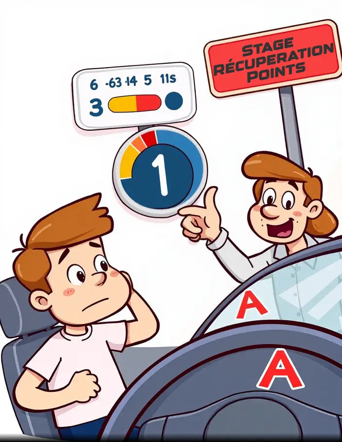 Jeune conducteur inquiet devant un compteur de points en baisse et un panneau indiquant un stage de récupération de points, style cartoon.