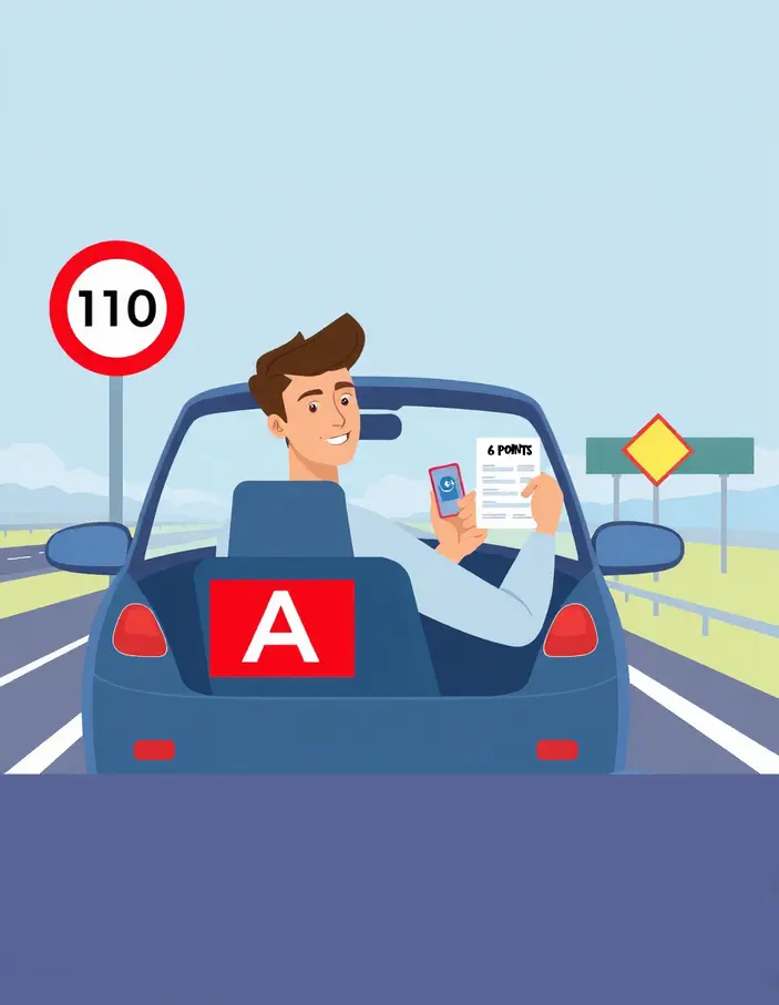 Jeune conducteur avec voiture affichant un autocollant “A”, symbolisant le permis probatoire, entouré de panneaux de limitations de vitesse et d’éléments rappelant les règles essentielles de la période probatoire.