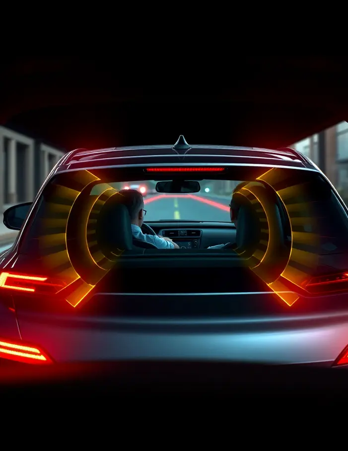 Voiture en train de reculer avec capteurs de radar de recul détectant les obstacles, illustration réaliste mettant en avant la sécurité et la technologie