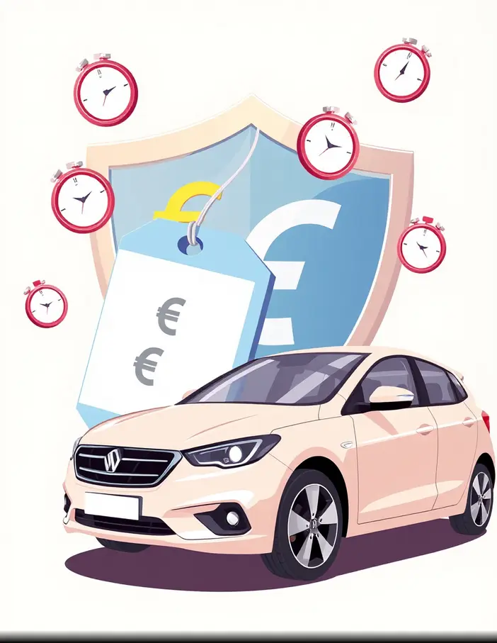 Illustration cartoon d’une voiture avec une étiquette de prix, des euros et un bouclier d’assurance représentant le coût d’une assurance temporaire.