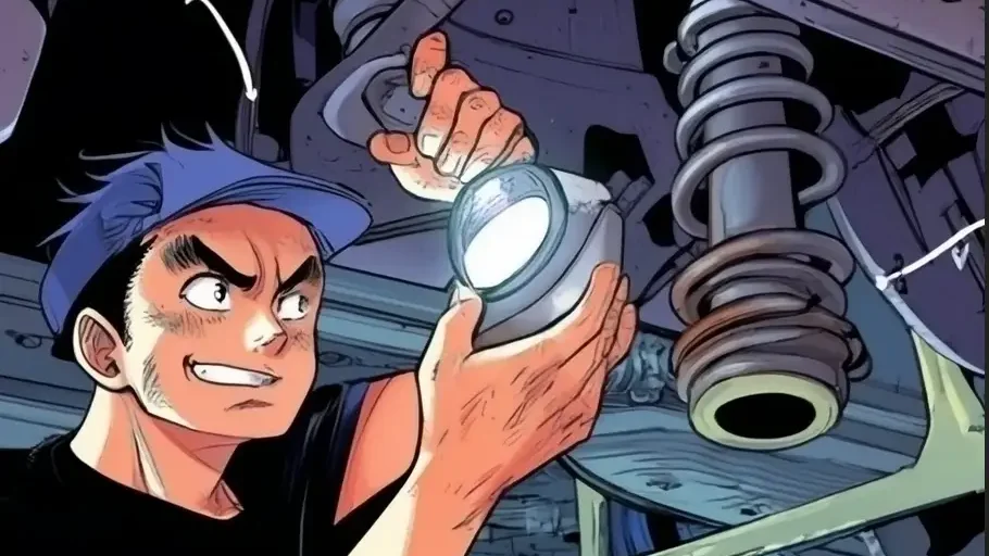 Illustration manga d’un mécanicien inspectant la suspension d’un camion : vérification des amortisseurs, ressorts et rotules