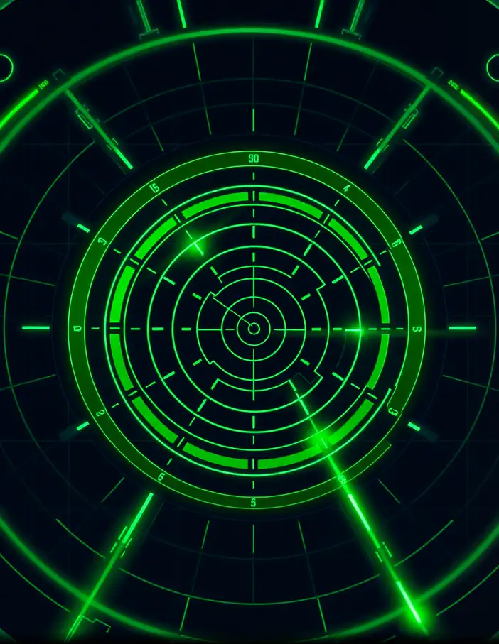 Illustration d’un écran de radar vert de style cinéma avec balayage circulaire et interface futuriste