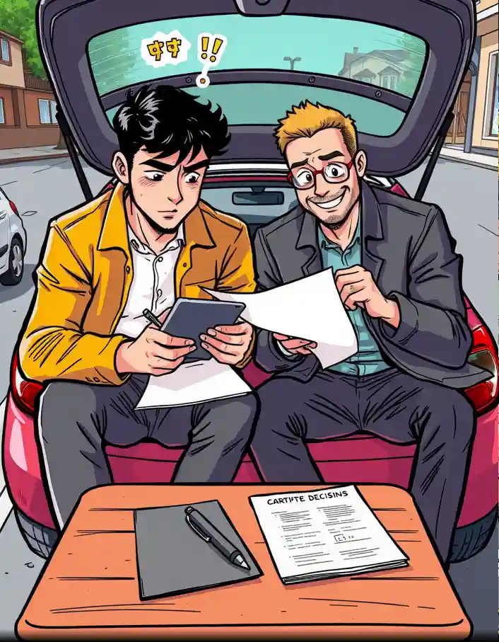 Acheteur et vendeur remplissant un contrat ou certificat de cession lors d’un achat voiture entre particuliers, style manga.