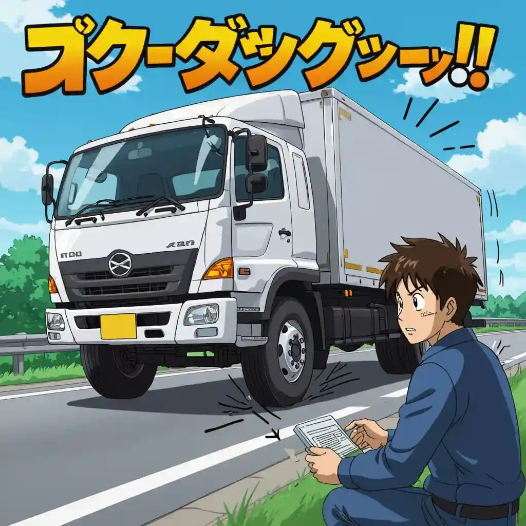 Illustration manga d’un camion sur la route montrant des signes de problème de suspension : camion penché, roues avec usure irrégulière, lignes de mouvement indiquant des secousses, conducteur inquiet, flèches pointant les amortisseurs et ressorts.