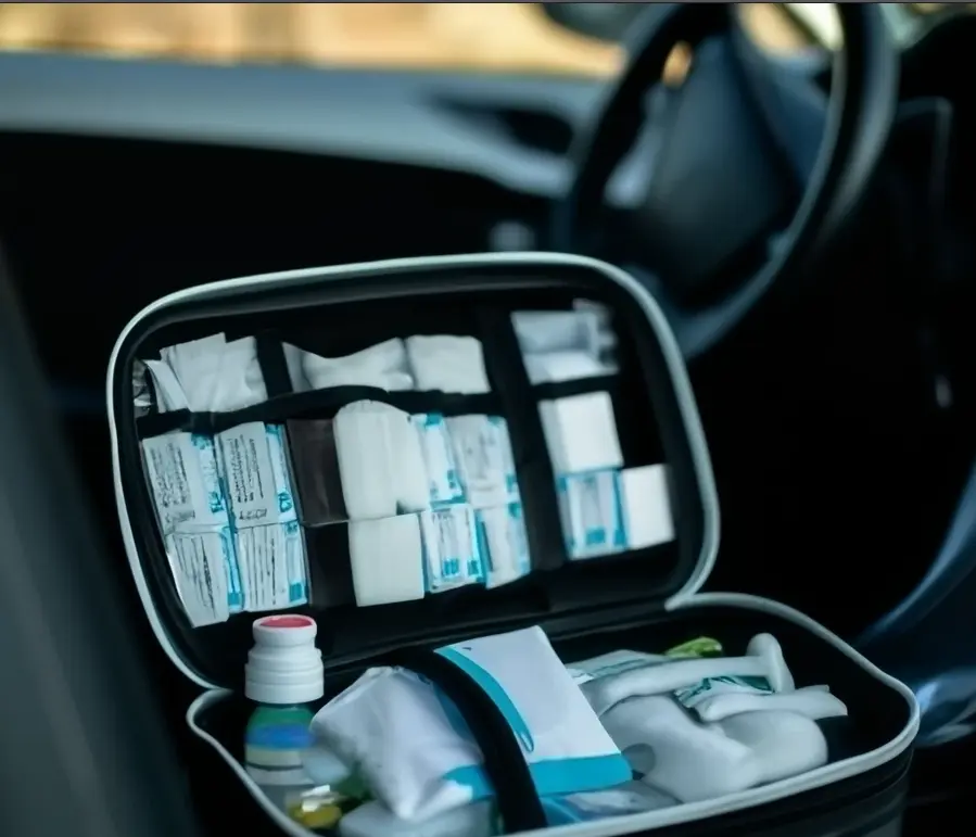 Trousse de premiers secours dans une voiture, avec bandages et fournitures médicales, prête pour urgence
