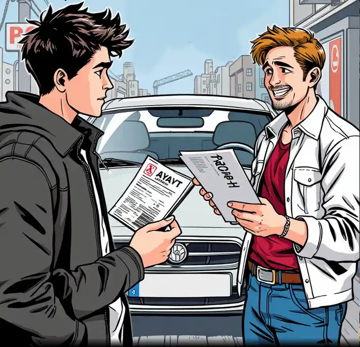 Acheteur vérifiant l’identité du vendeur lors d’un achat voiture entre particuliers, scène style manga.