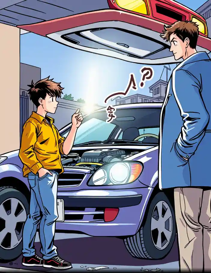 Vérification de l’état d’une voiture lors d’un achat voiture entre particuliers, scène style manga.