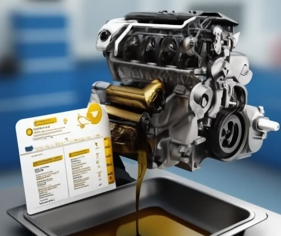 Illustration montrant les intervalles recommandés pour faire la vidange moteur avec un moteur ouvert, de l’huile usagée et un calendrier explicatif.