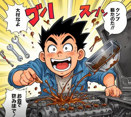 Illustration manga d’un mécanicien effectuant une vidange moteur avec huile s’écoulant dans un bac et filtre à huile à remplacer dans un garage lumineux.