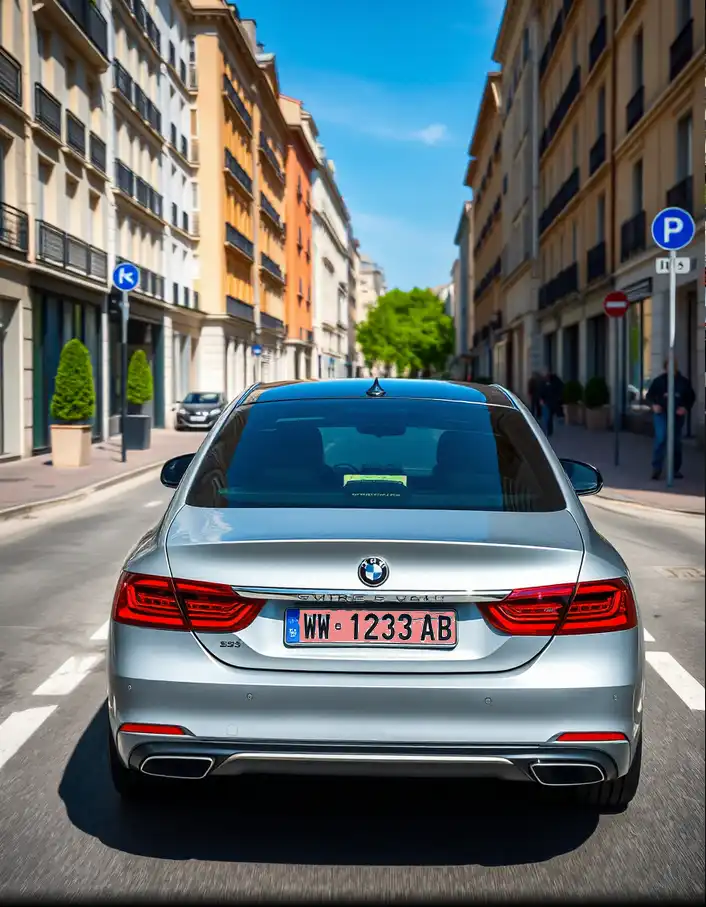 Illustration montrant une berline avec une plaques d'immatriculation rose provisoire